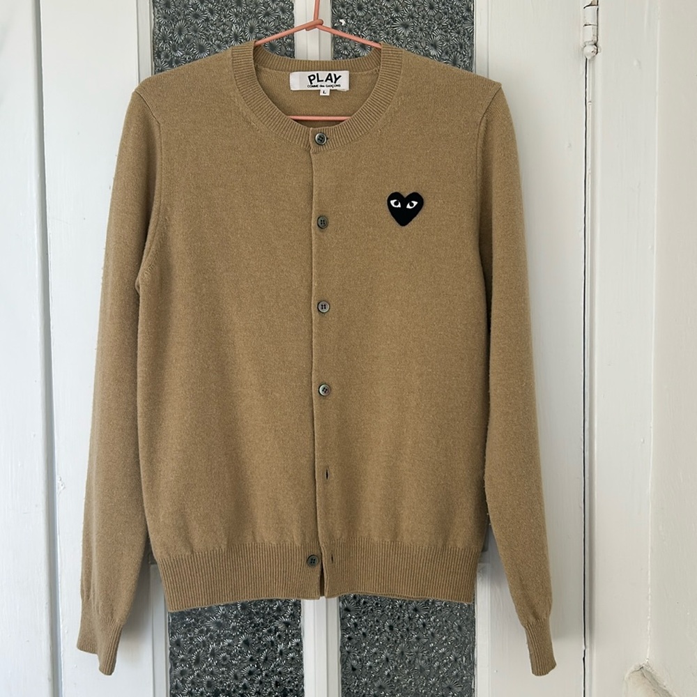 Comme des Garçons PLAY 100% Wool Crewneck Cardigan Beige